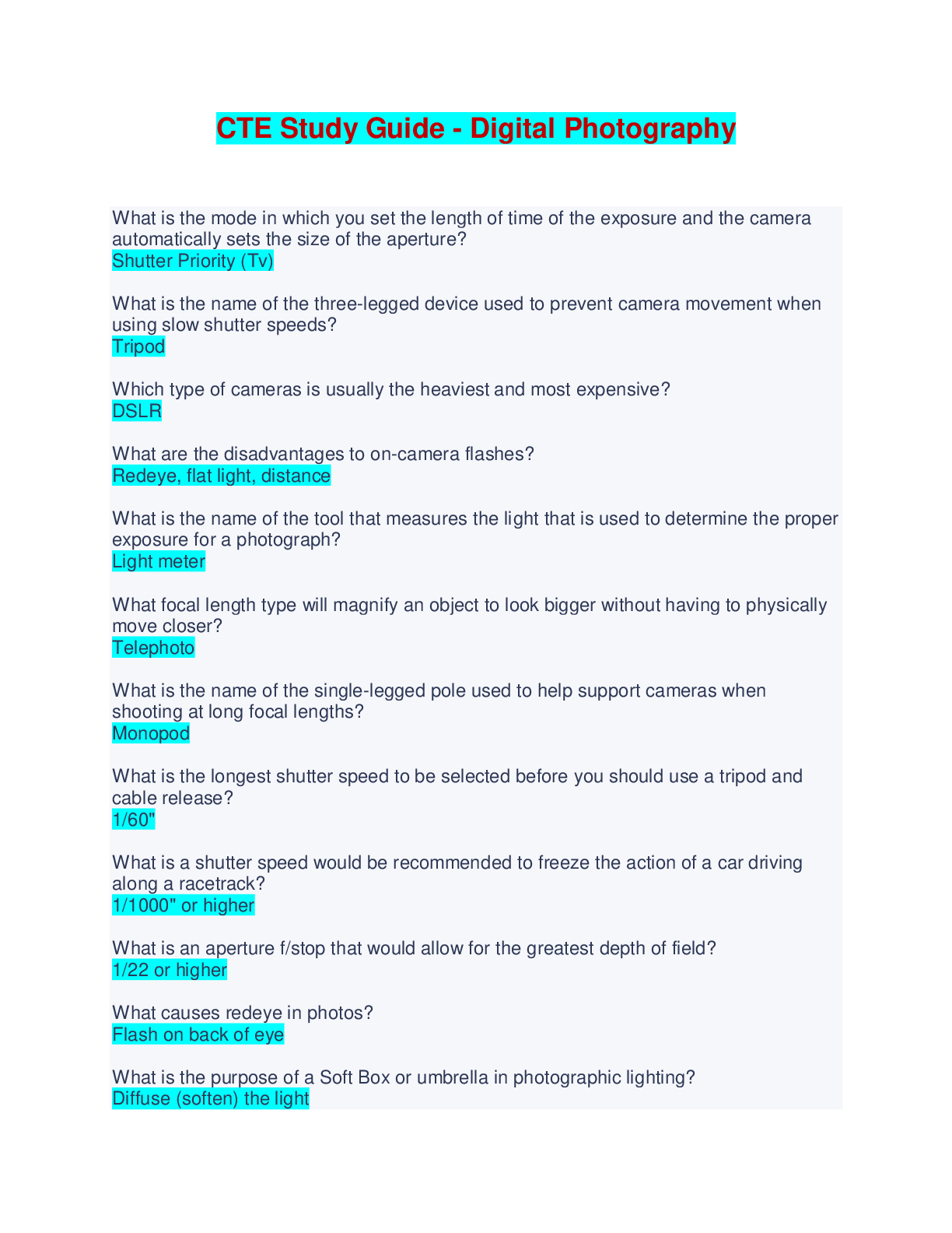 Preview image of CTE Study Guide - Digital Photography - Complete Solutions document