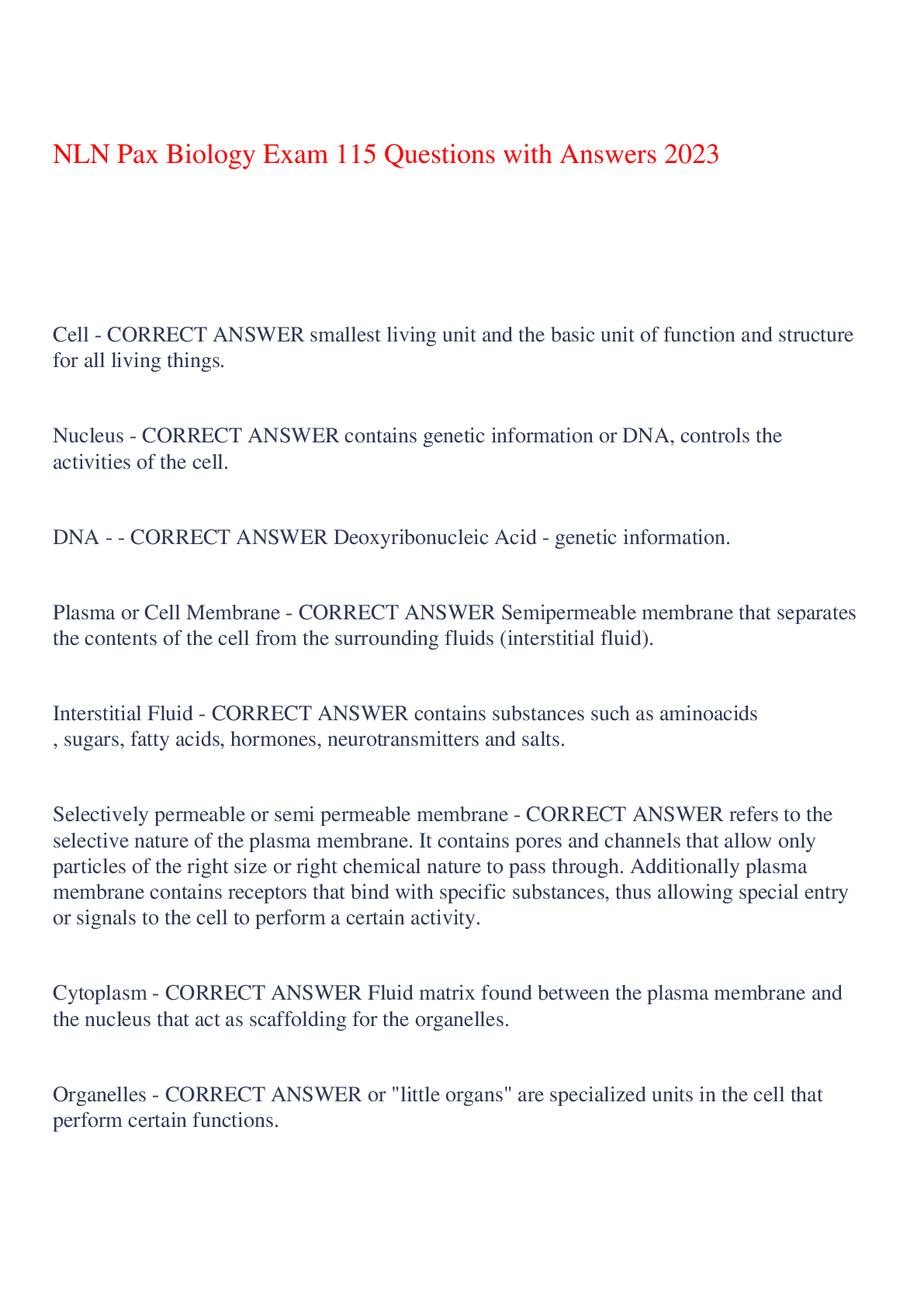 Preview of NLN Pax Biology Exam 115 Questions with Answers 2023,100% CORRECT