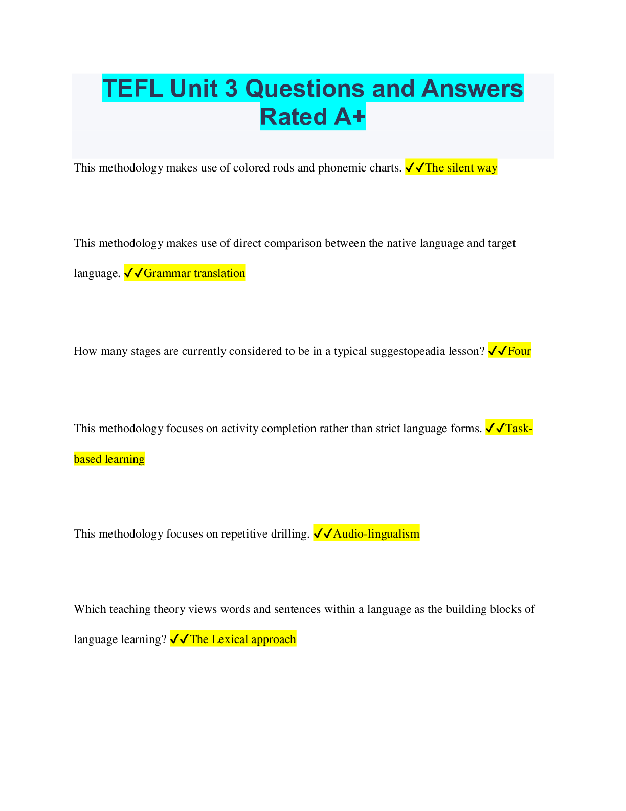 Preview image for TEFL Unit 3 Questions and Answers Rated A+