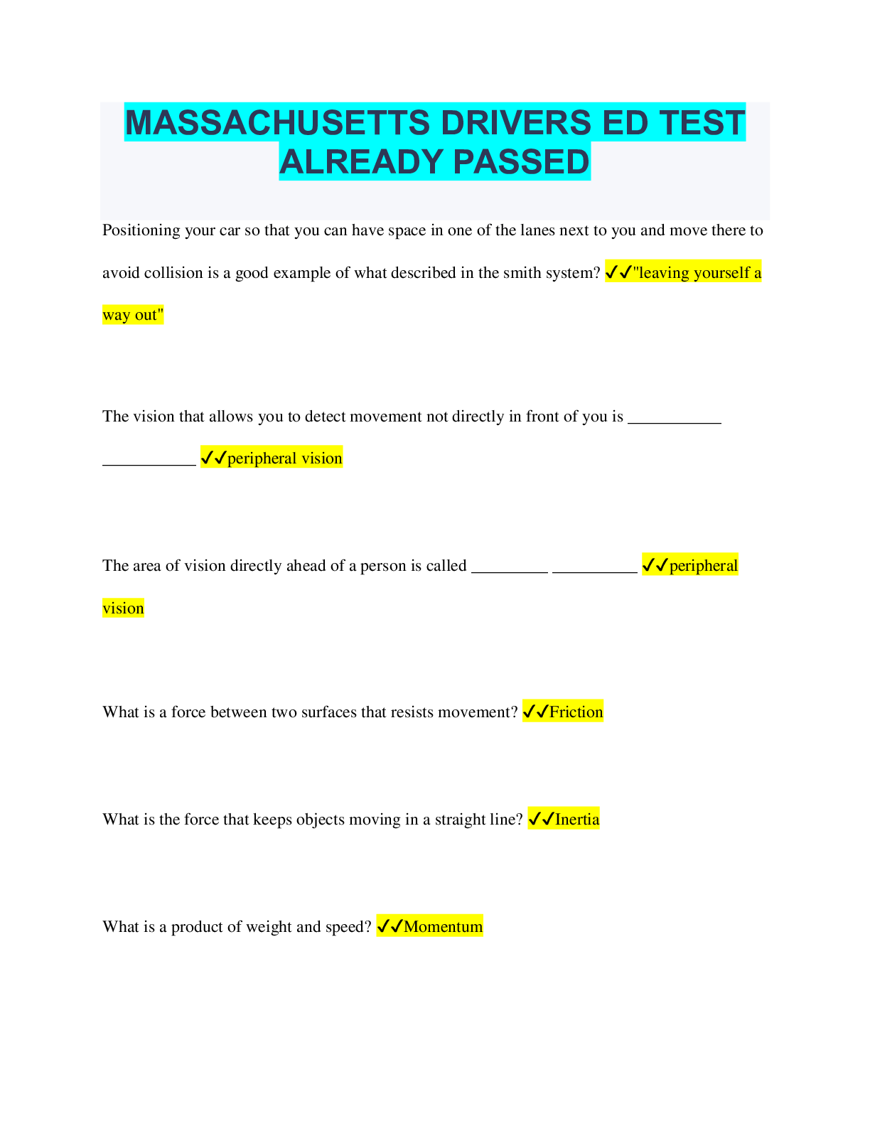 Preview image of MASSACHUSETTS DRIVERS ED TEST ALREADY PASSED document