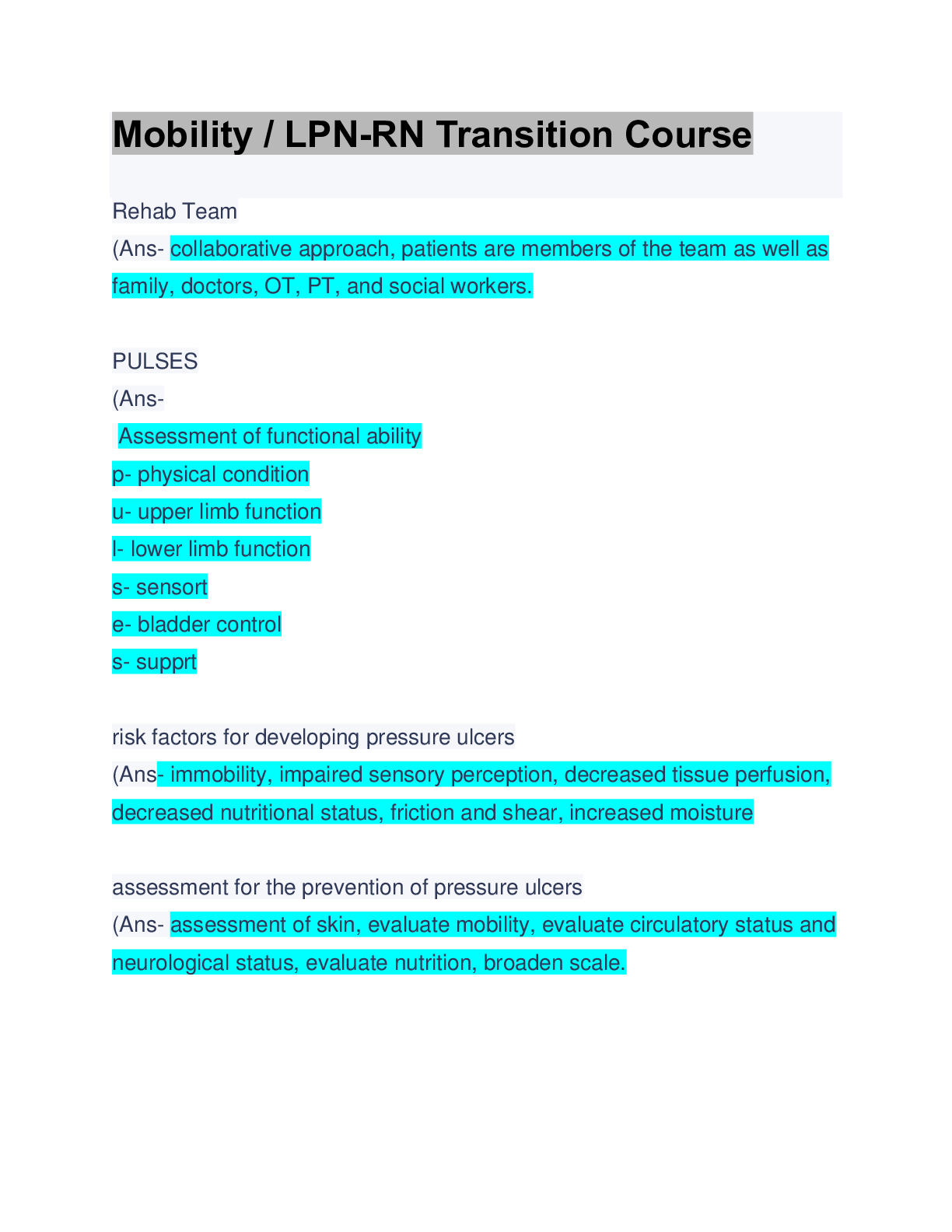 Preview image of Mobility / LPN-RN Transition Course Guide Solution: Updated document