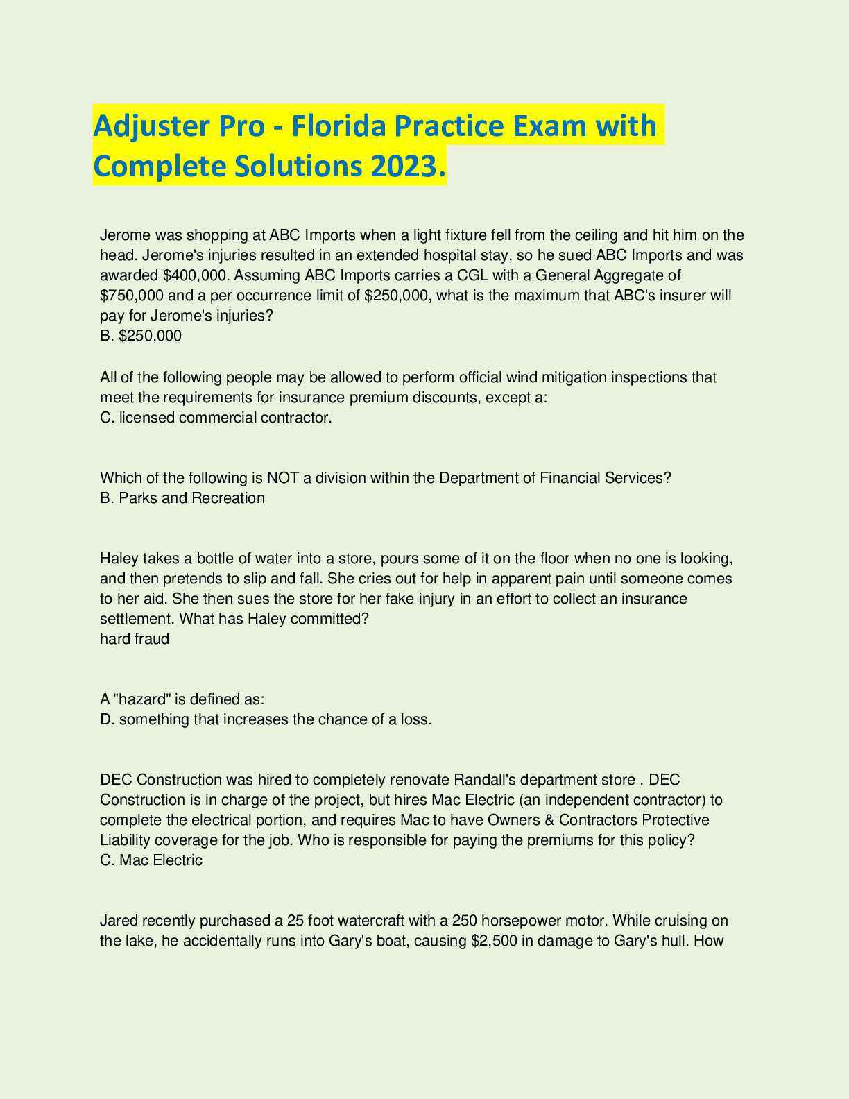 Preview image of Adjuster Pro - Florida Practice Exam with Complete Solutions 2023. document