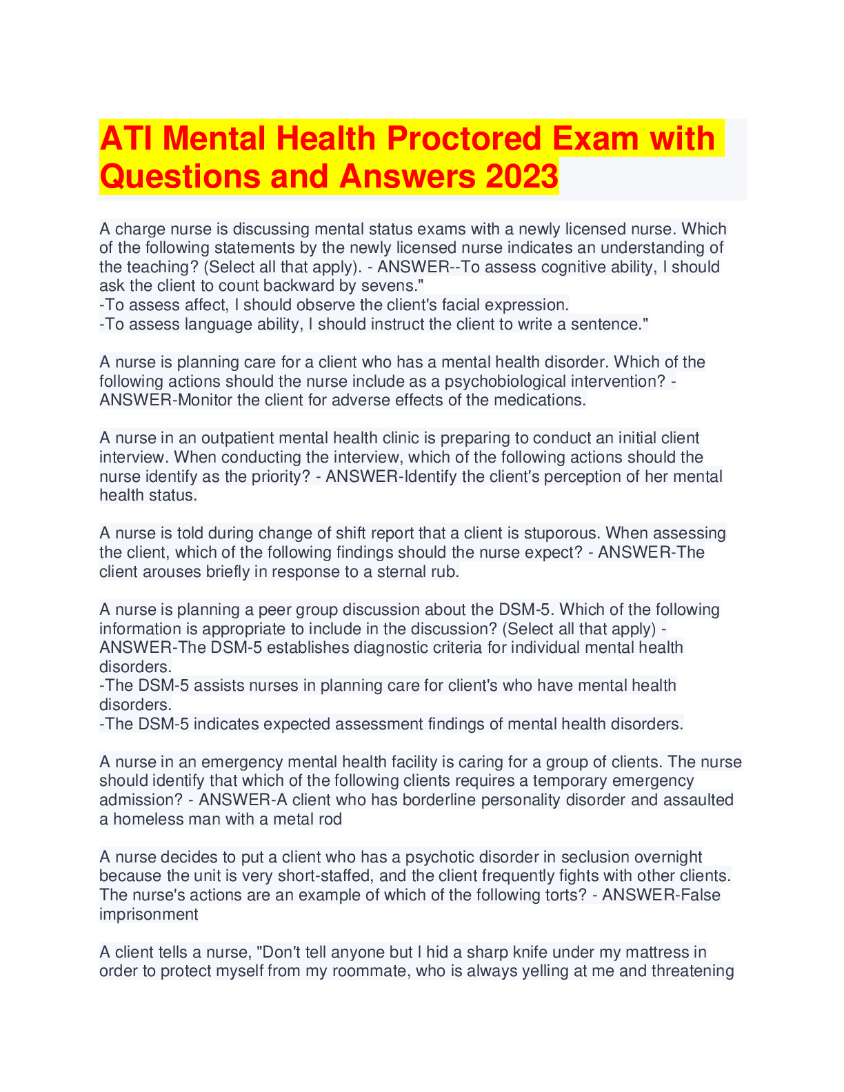 Preview image for ATI Mental Health Proctored Exam with Questions and Answers 2023