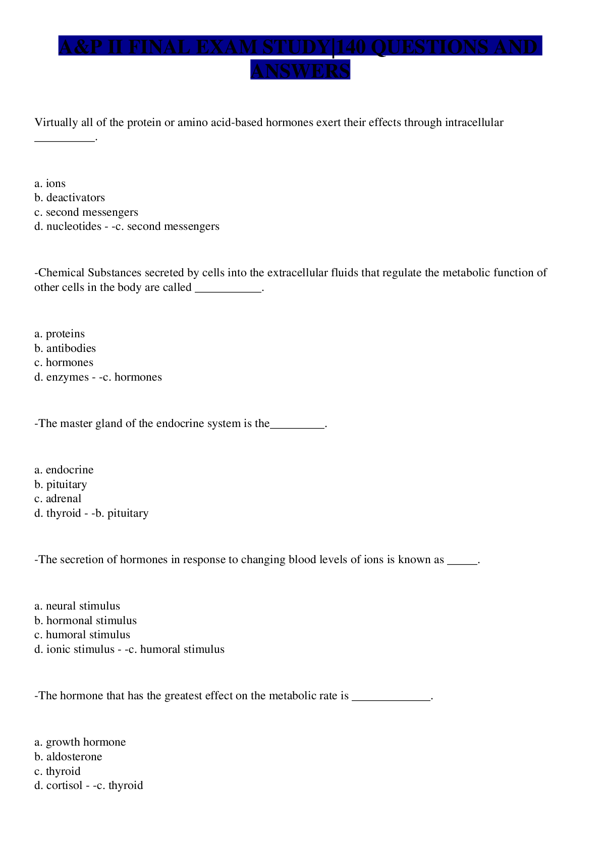 Preview image for A&P II FINAL EXAM STUDY|140 QUESTIONS AND ANSWERS