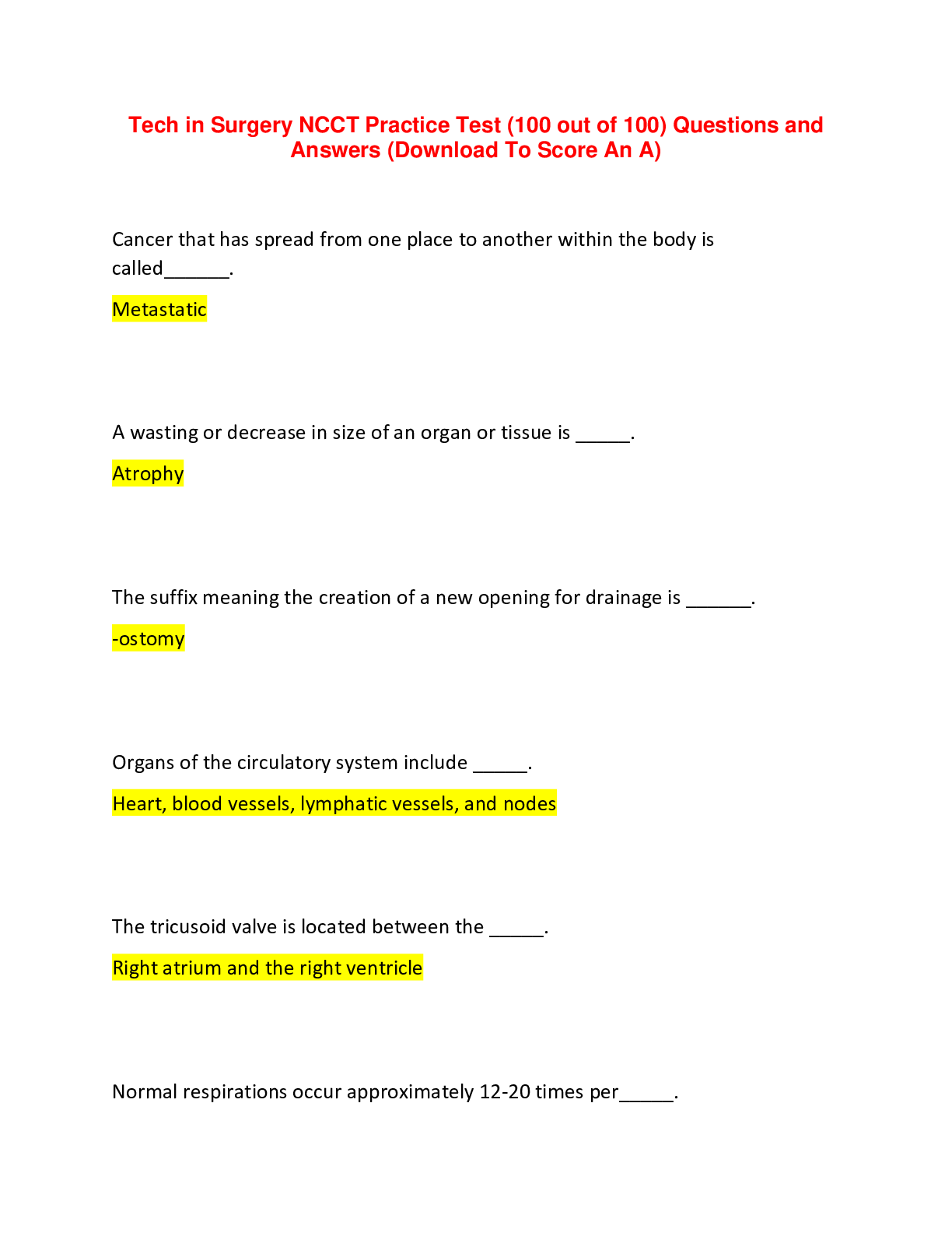 Preview of Tech in Surgery NCCT Practice Test (100 out of 100) Questions and Answers (Download To Sco