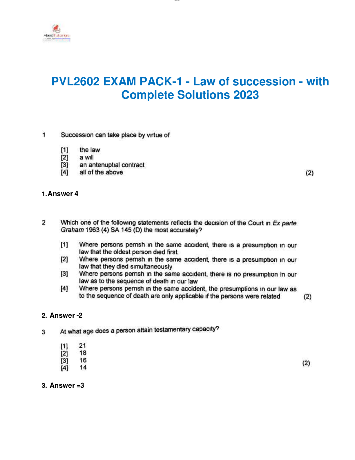 Preview of PVL2602 EXAM PACK-1 - Law of succession - with Complete Solutions 2023