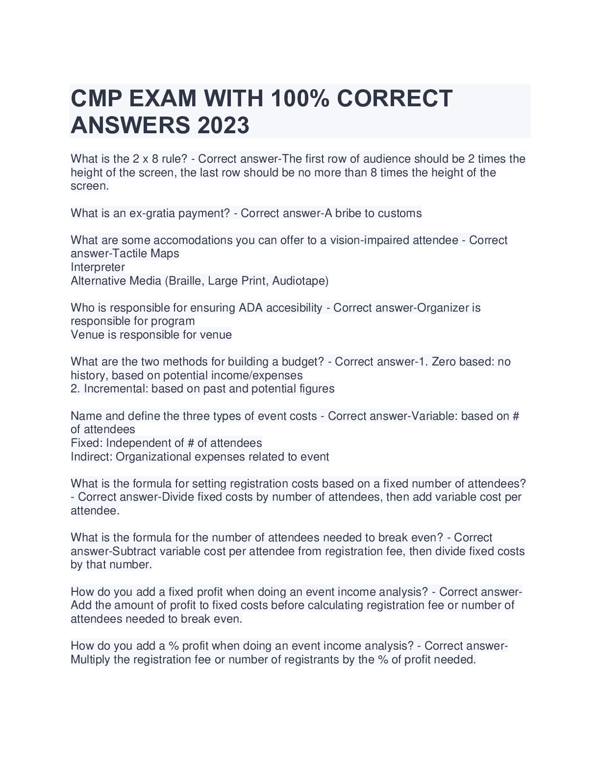 Preview of CMP EXAM WITH 100% CORRECTANSWERS 2023
