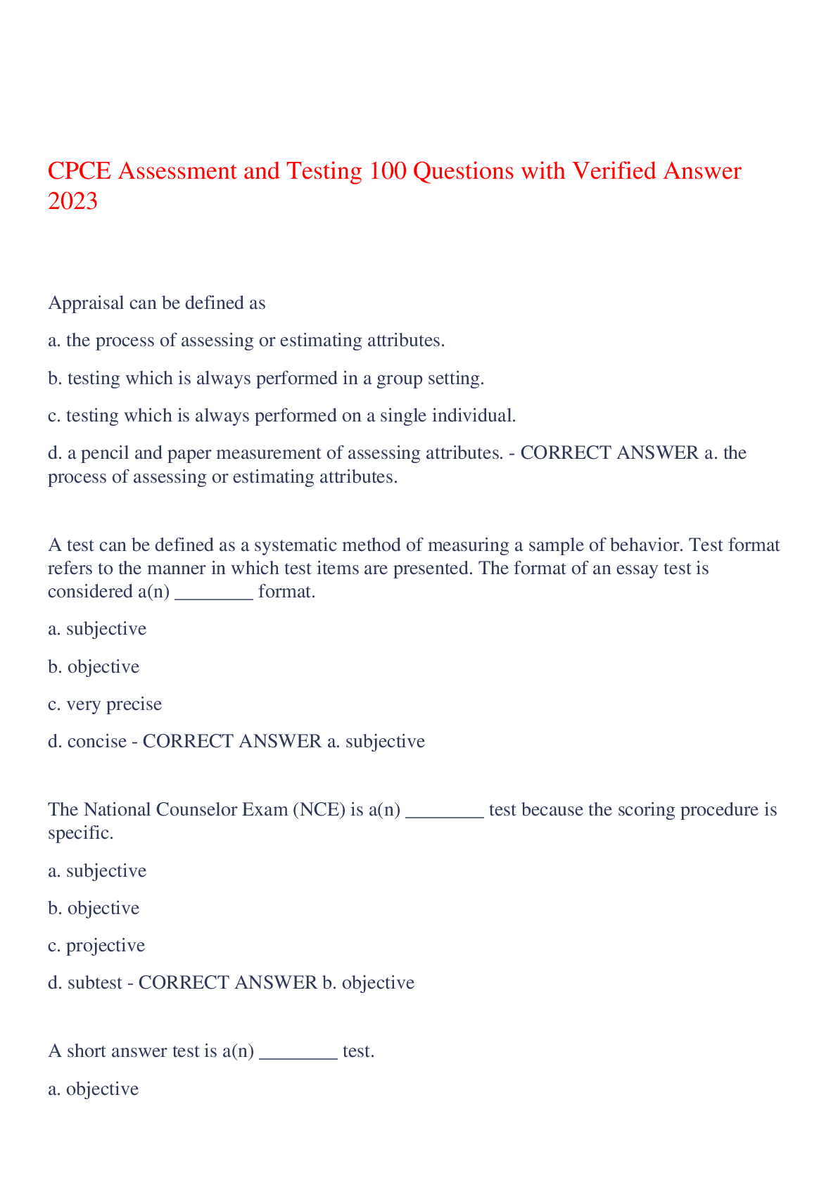 Preview of CPCE Assessment and Testing 100 Questions with Verified Answer 2023,100% CORRECT