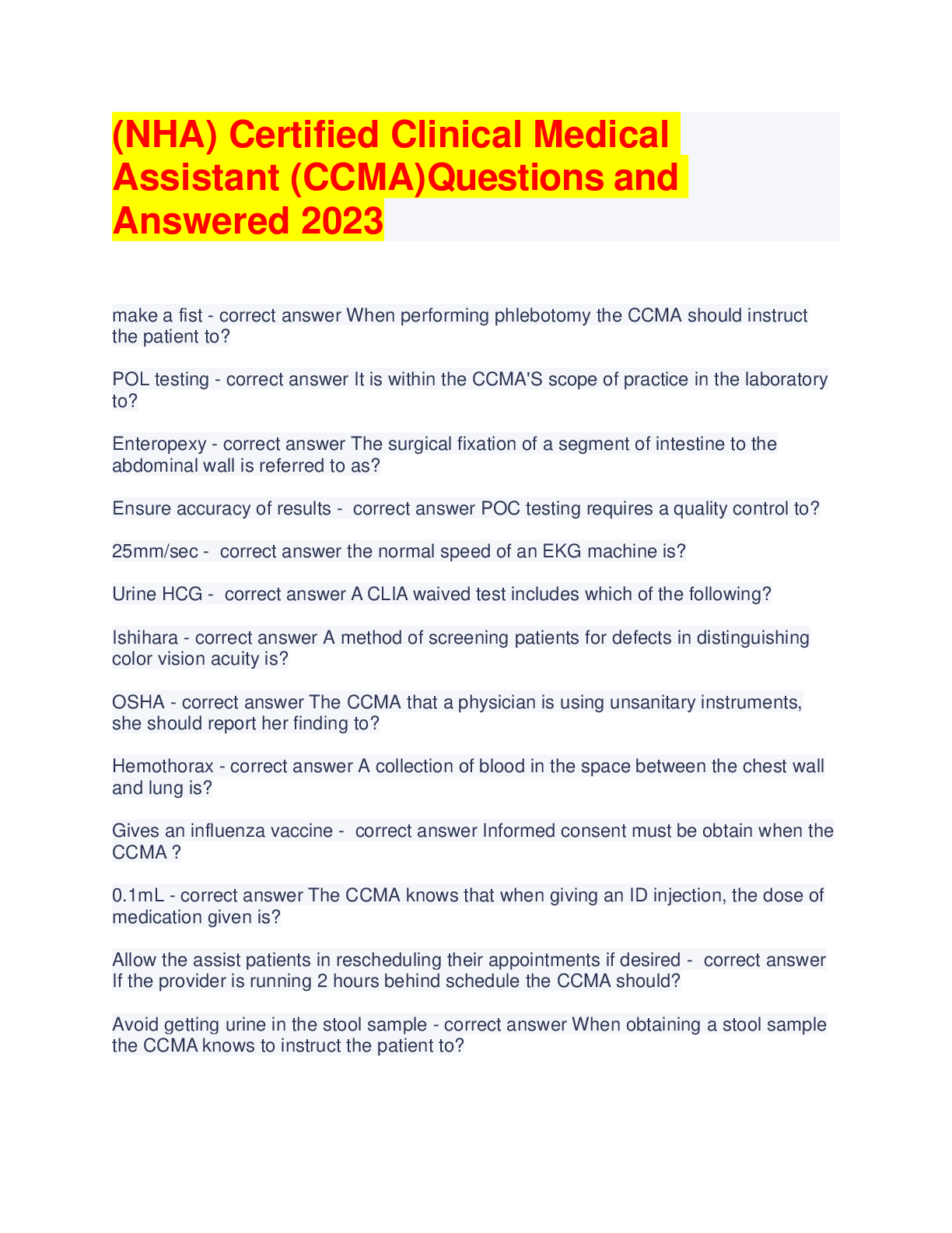 Preview of (NHA) Certified Clinical Medical Assistant (CCMA)Questions and Answered  2023