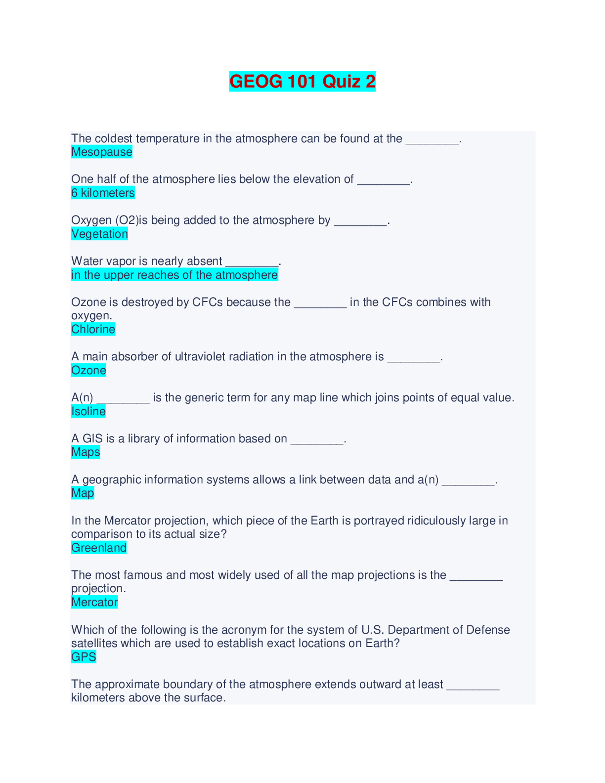 GEOG 101 Quiz 2 - Questions & Answers - Browsegrades