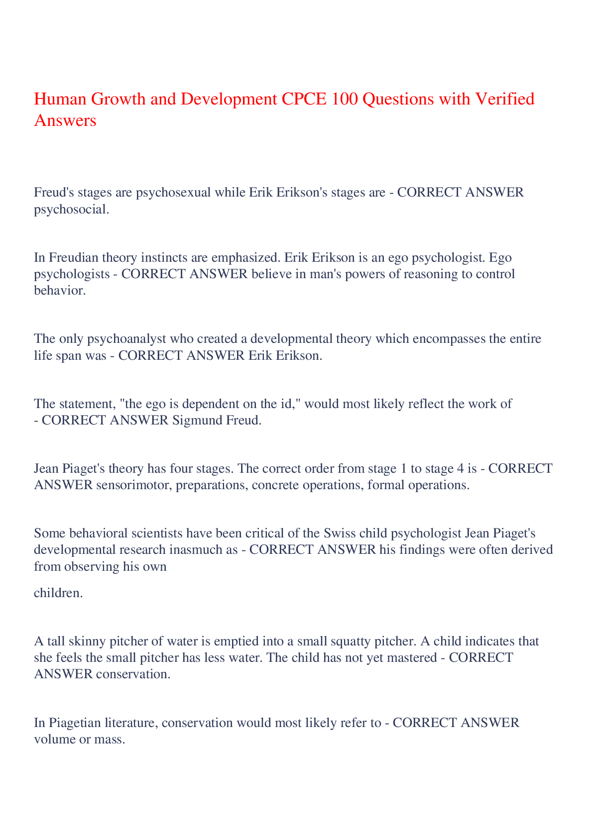 Preview of Human Growth and Development CPCE 100 Questions with Verified Answers,100% CORRECT