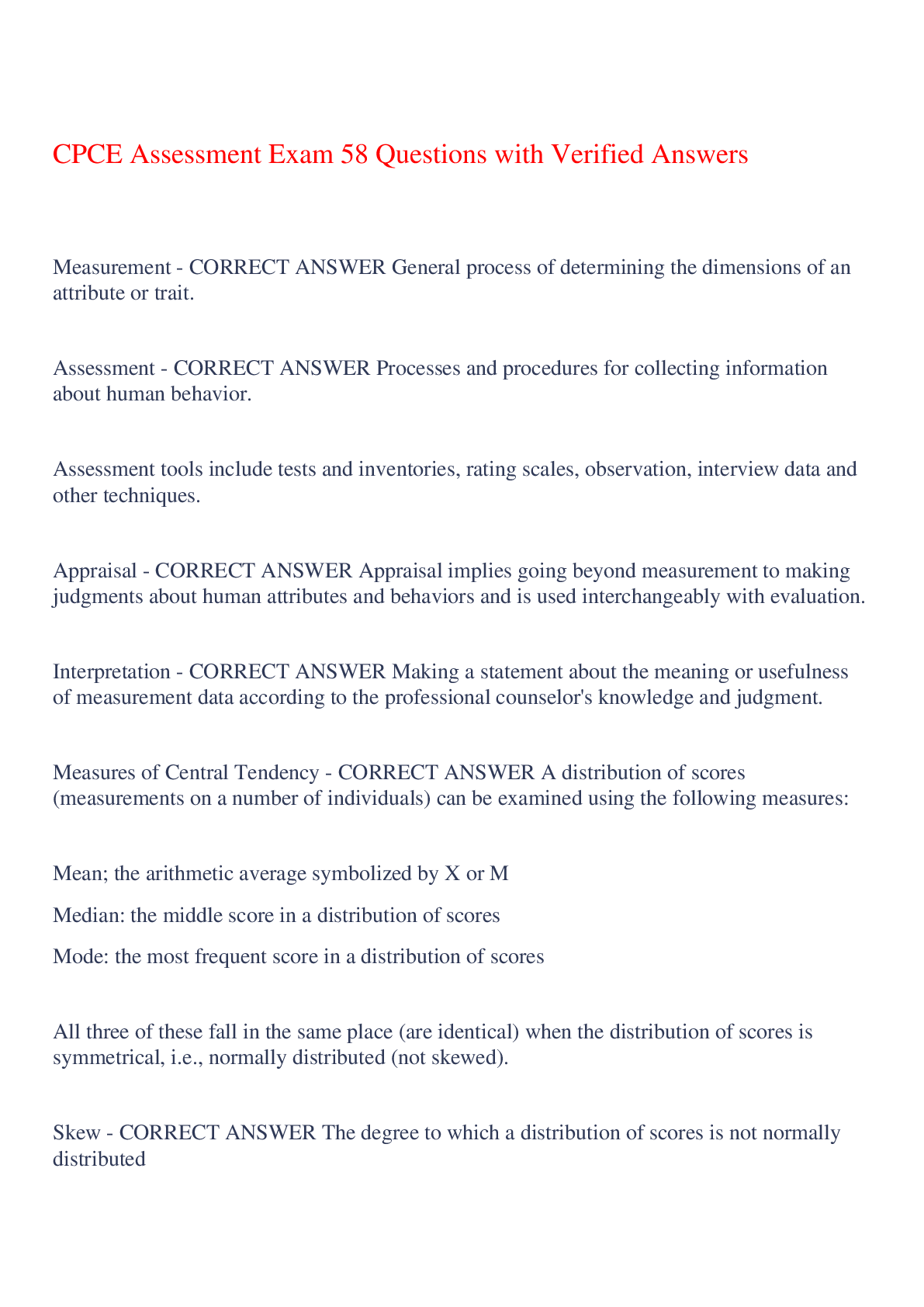 Preview of CPCE Assessment Exam 58 Questions with Verified Answers,100% CORRECT