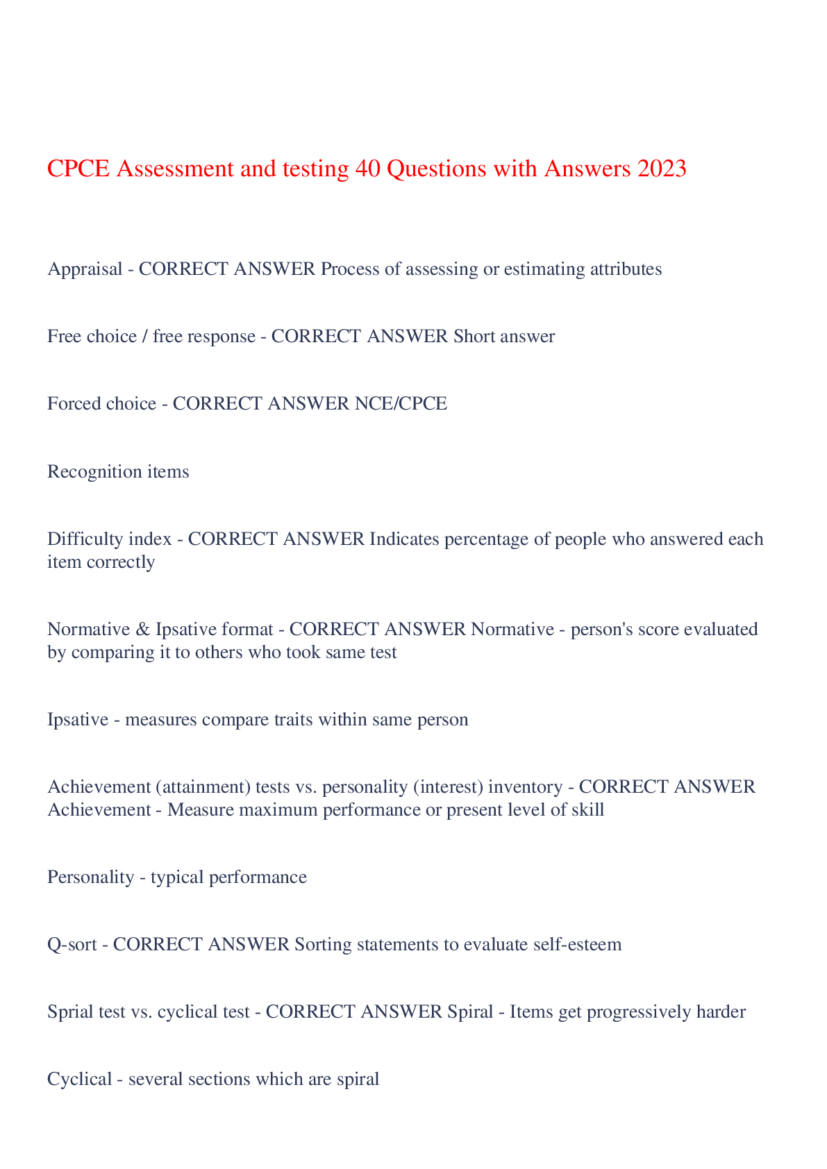 Preview image for CPCE  Assessment and testing 40 Questions with Answers 2023,100% CORRECT
