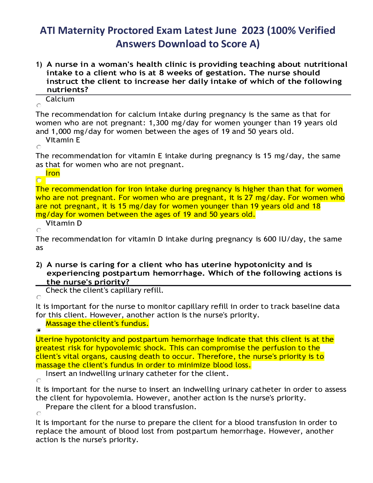 Preview of ATI Maternity Proctored Exam Latest June 2023 (100% VerifiedAnswers Download to Score A