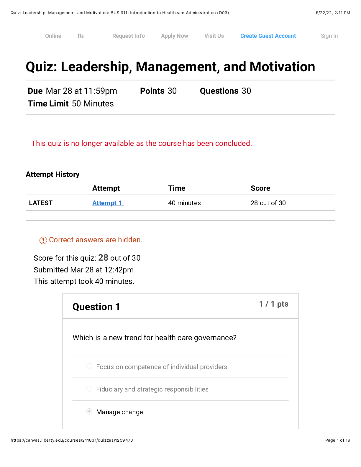 Preview of BUSI 311 quiz 2 Liberty University Update A+ Answer