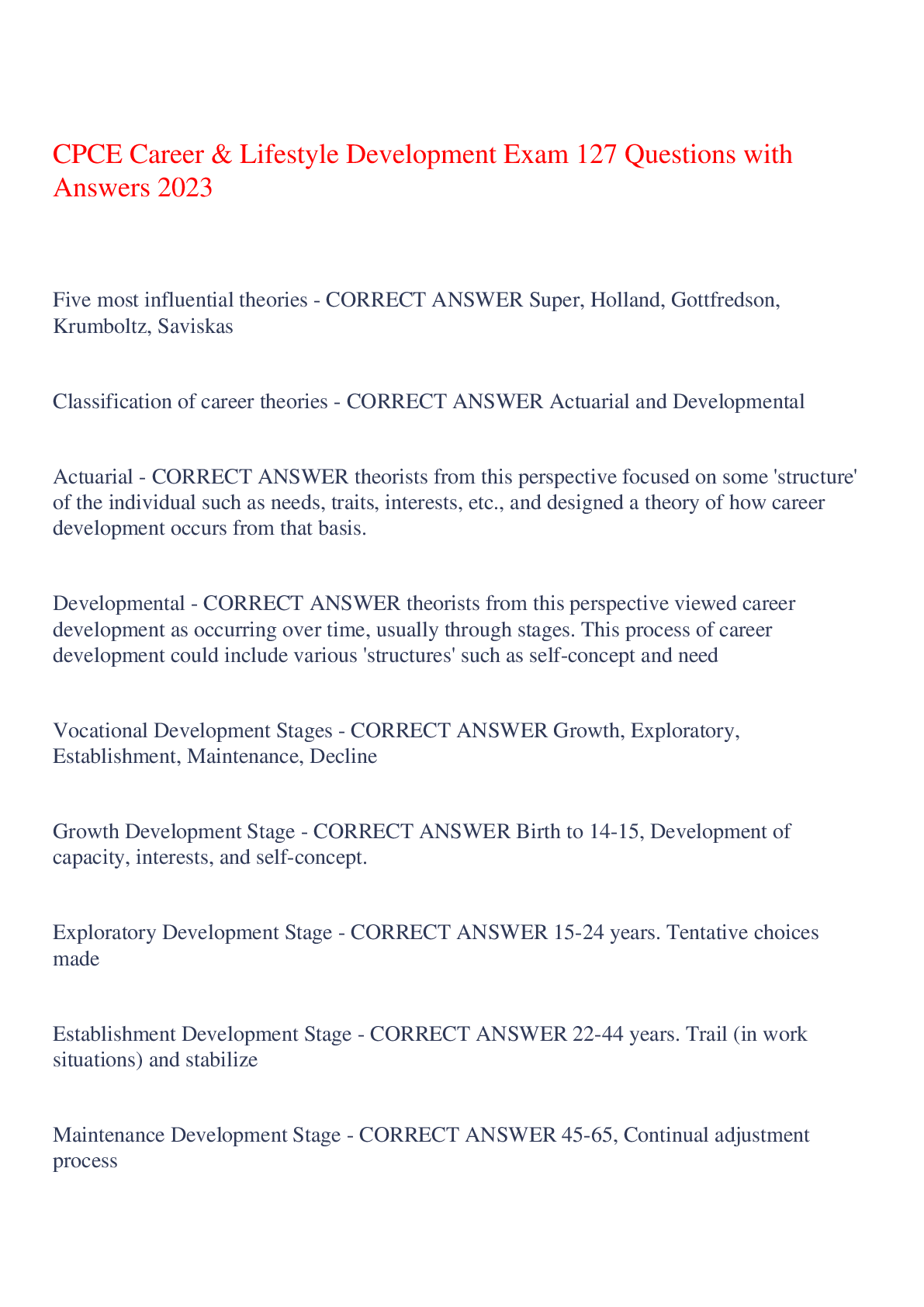 Recommended document preview for CPCE Career & Lifestyle Development Exam 127 Questions with Answers 2023,100% CORRECT