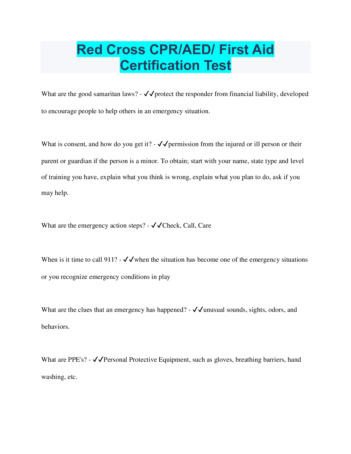 Preview image of Red Cross CPR/AED/ First Aid Certification Test document