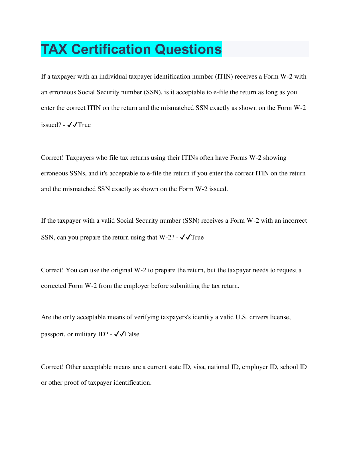 Preview image of TAX Certification Questions document