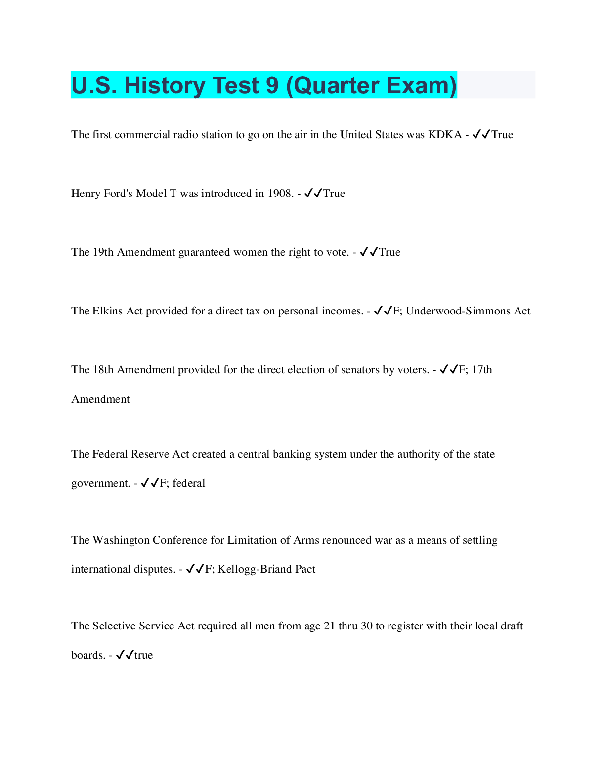 Preview image of U.S. History Test 9 (Quarter Exam) document