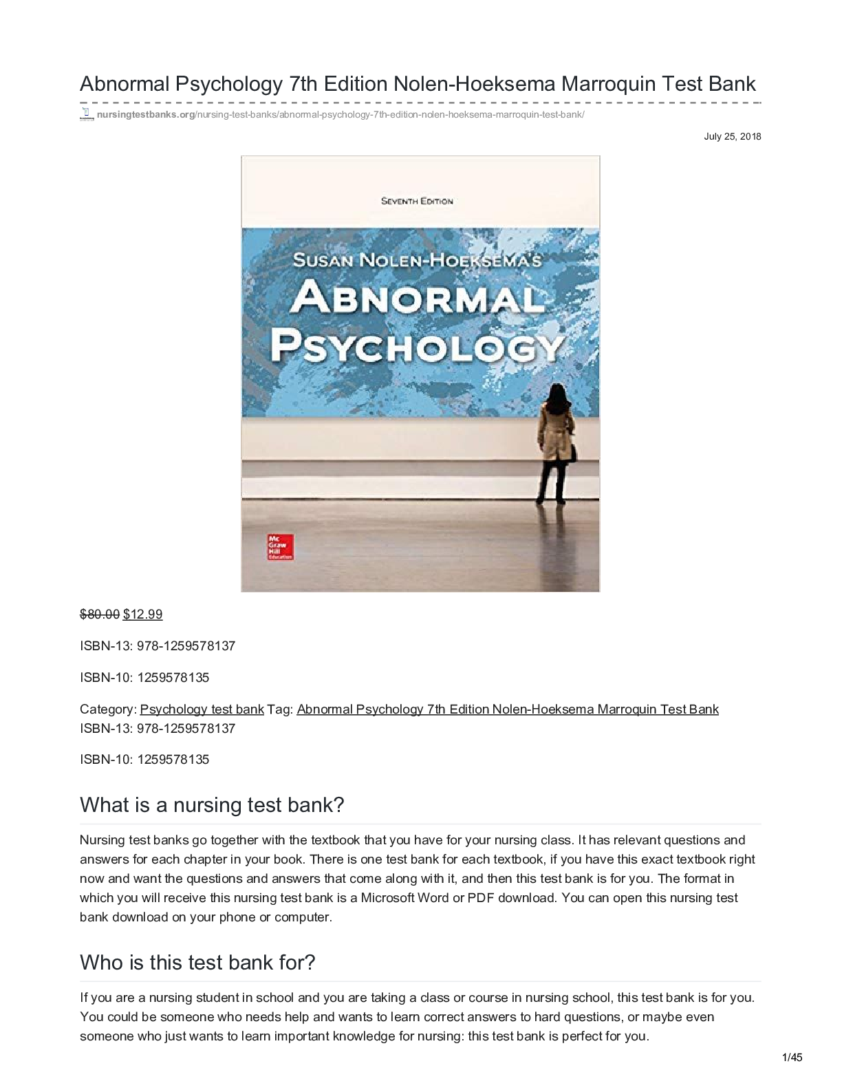 Preview of Abnormal Psychology 7th Edition Nolen-Hoeksema Marroquin Test Ban