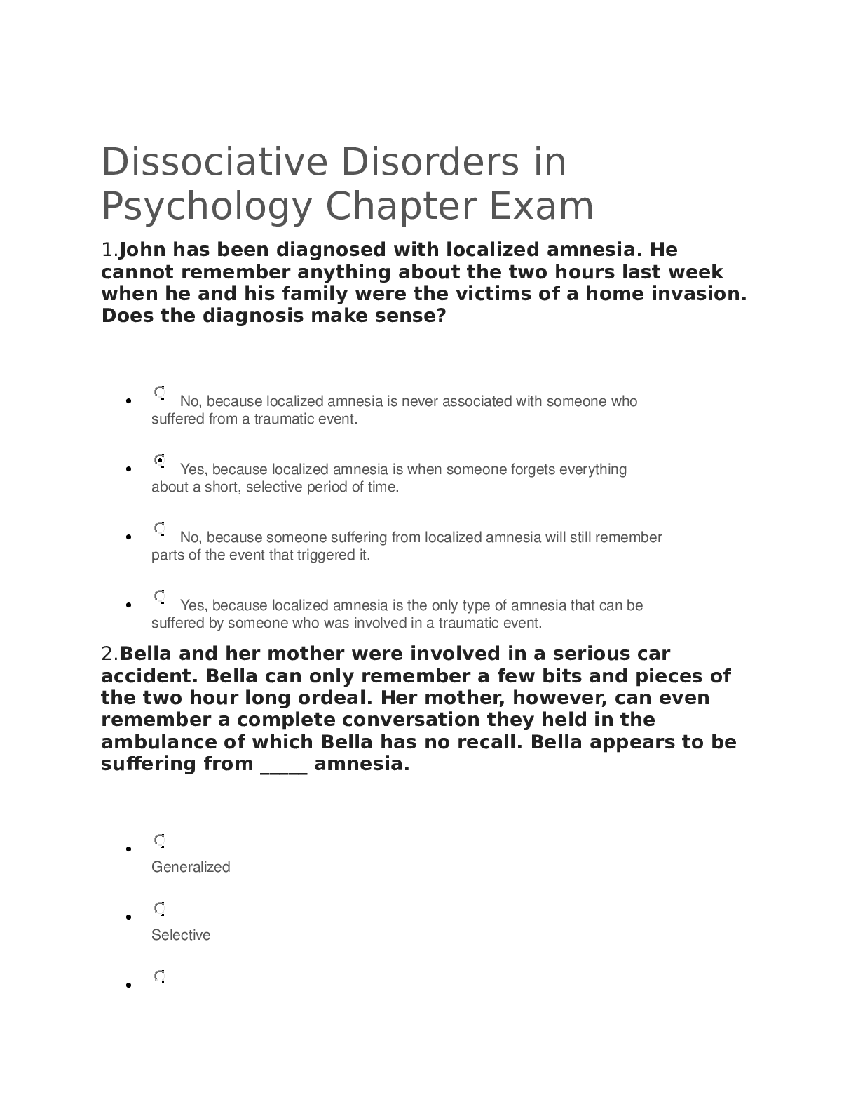 Preview image of Dissociative Disorders inPsychology Chapter Exam document