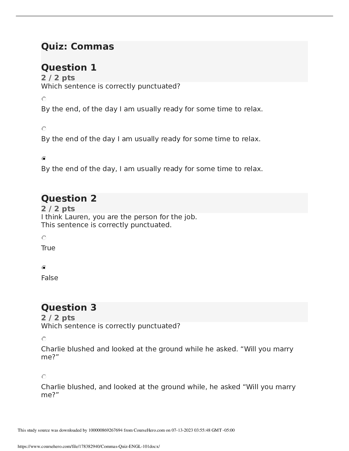 ENGL 101 Commas Quiz