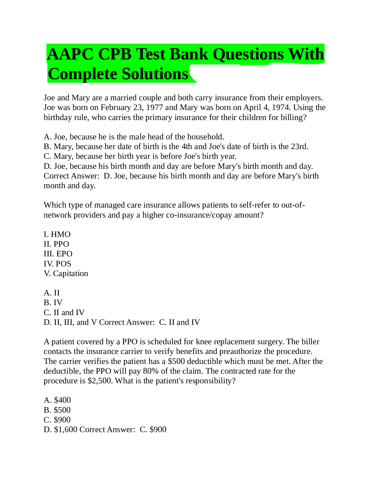Preview of AAPC CPB TEST BANK QUESTIONS WITH COMPLETE SOLUTIONS