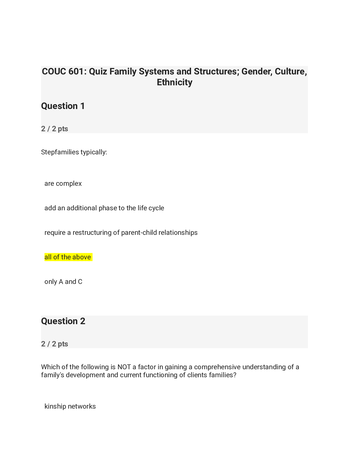 Preview of COUC 601 Quiz Family Systems and Structures; Gender, Culture,Ethnicity Full Exam 2023