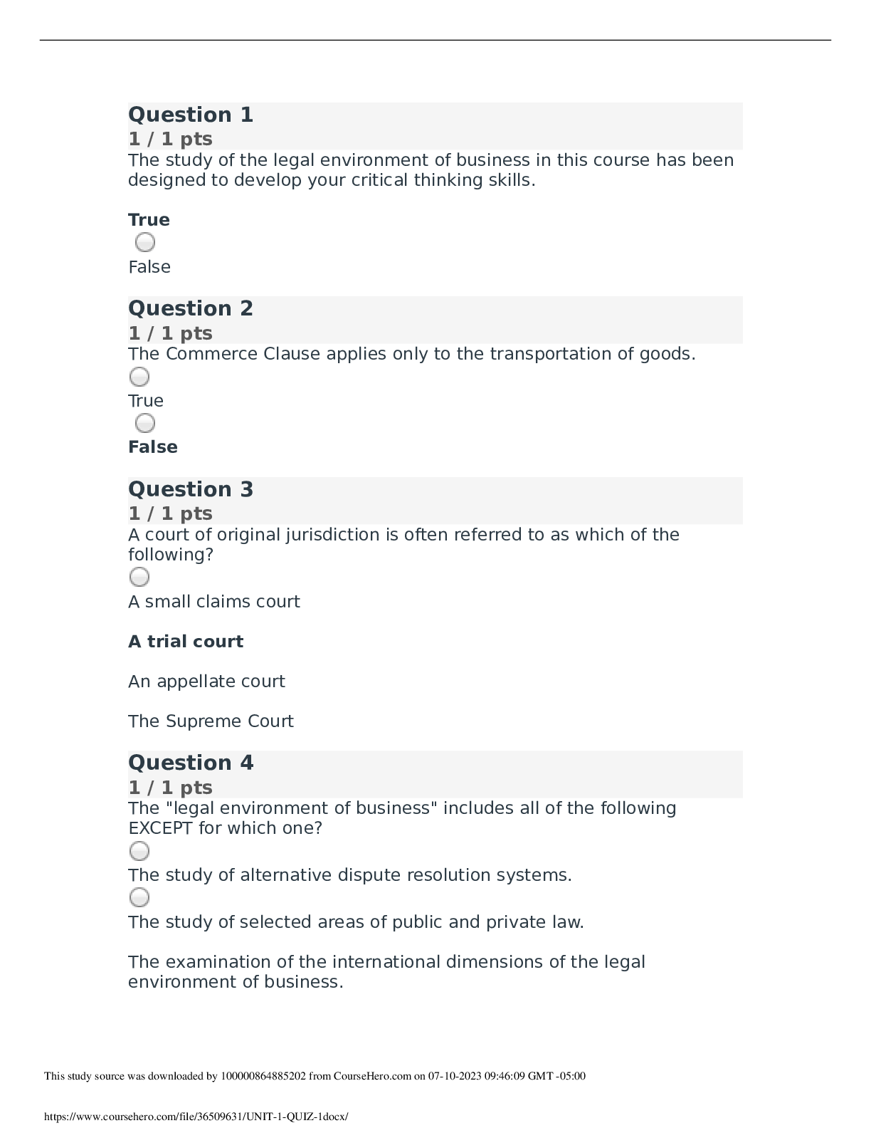 Preview of BUS 225 UNIT 1 QUIZ 1 2023 GRADED A
