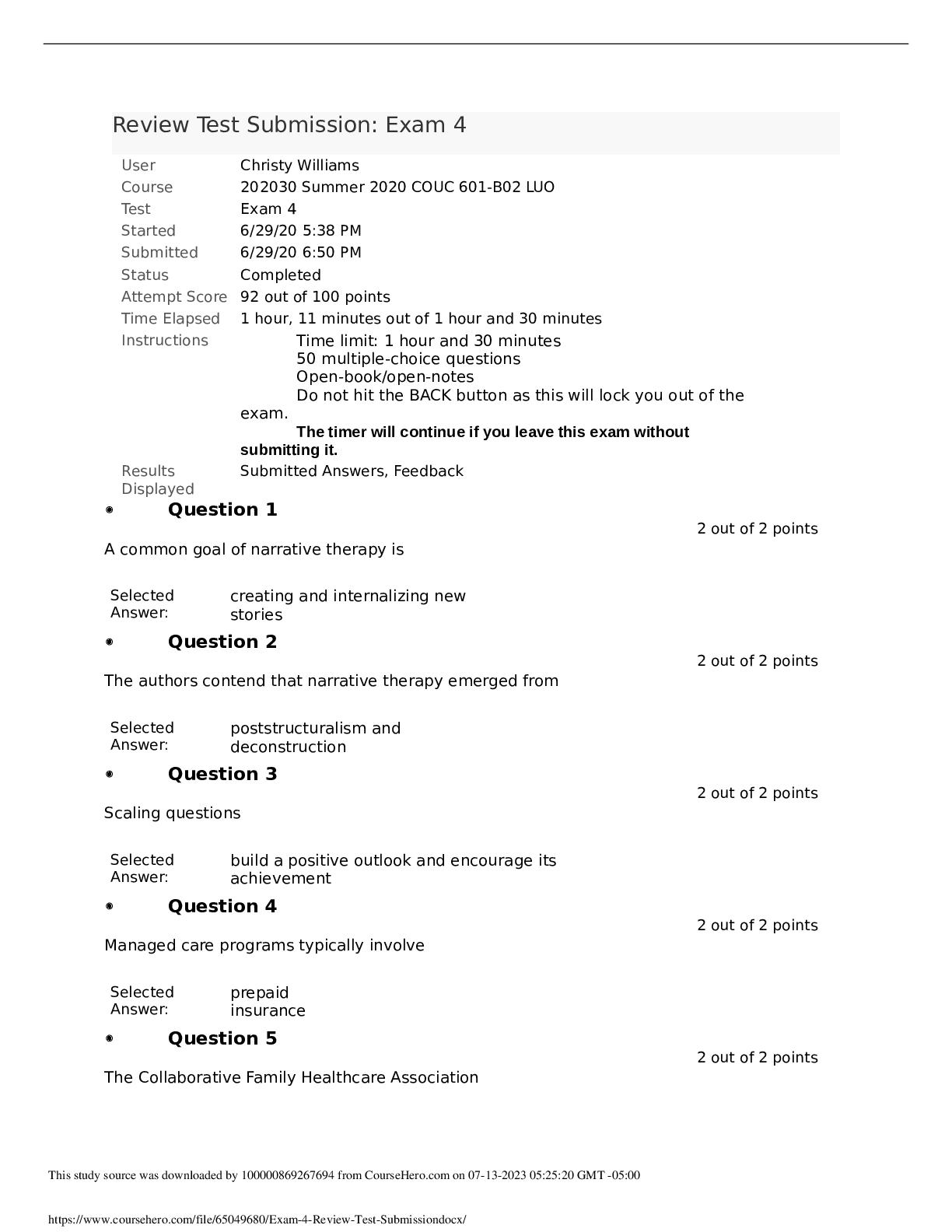 Preview of COUC 601 Exam 4 Review Test Submission