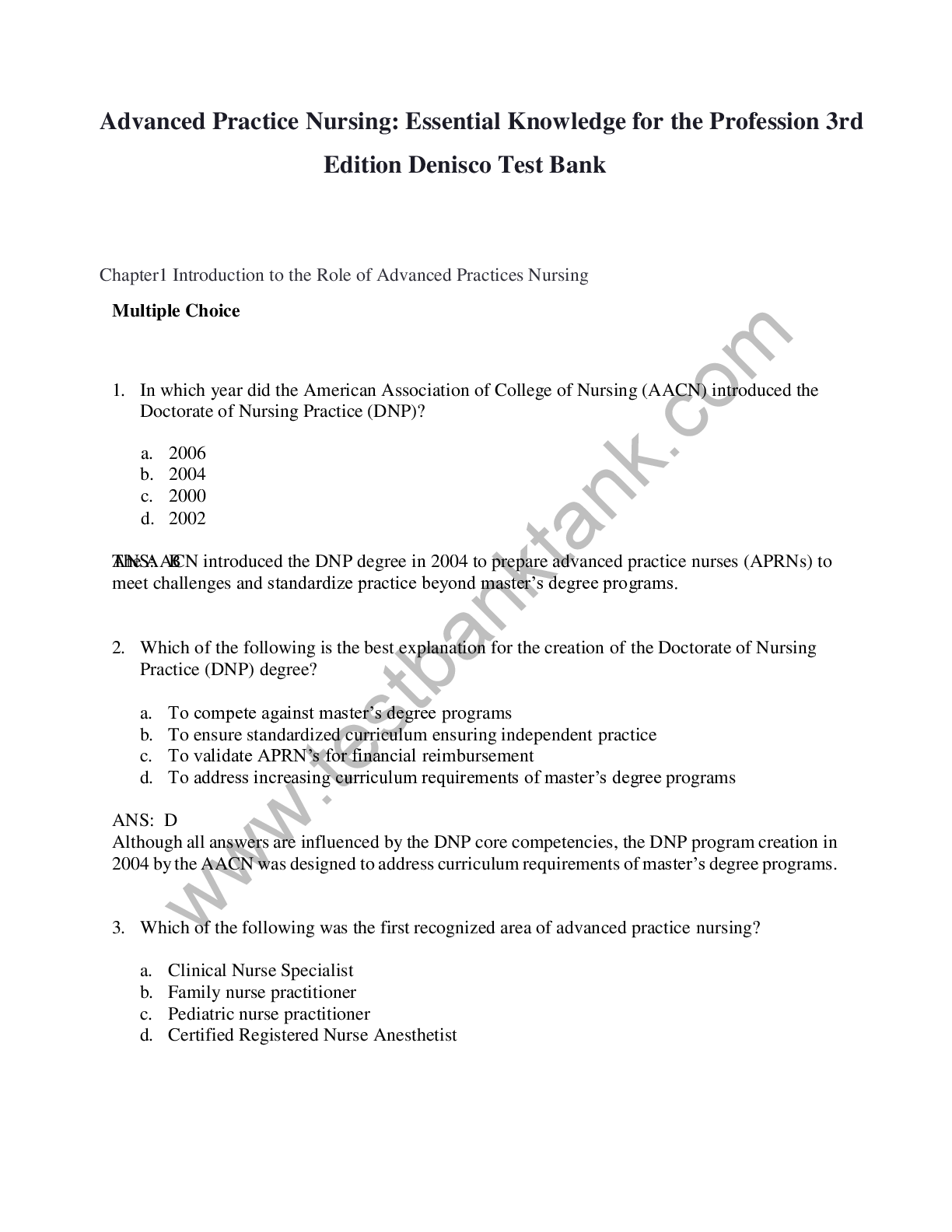 Preview image of Advanced Practice Nursing Essential Knowledge for the Profession 3rdEdition Denisco Test Bank document