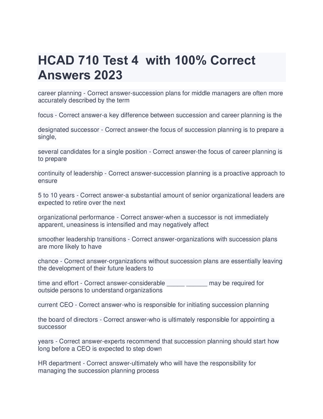 Preview of HCAD 710 Test 4 with 100% CorrectAnswers 2023
