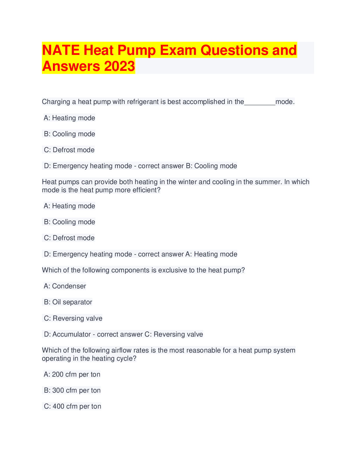 Preview of NATE Heat Pump Exam Questions and Answers 2023
