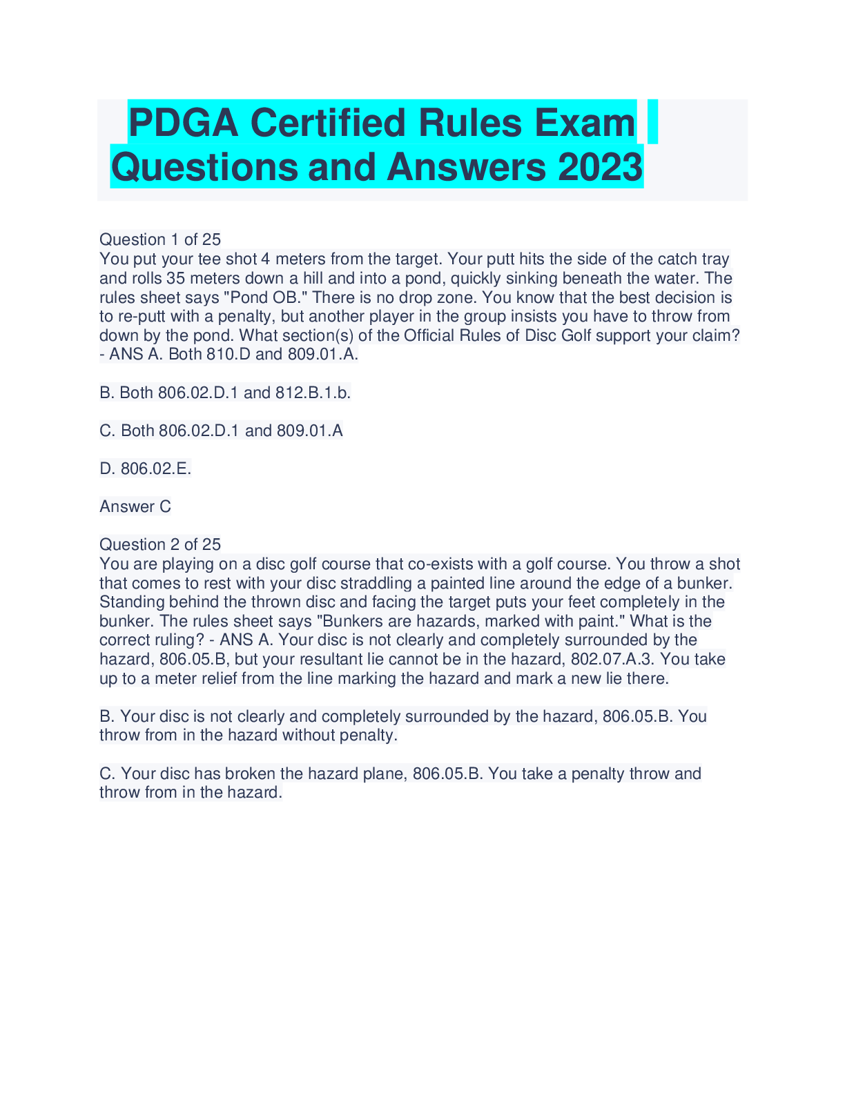 Preview image for PDGA Certified Rules Exam  Questions and Answers 2023