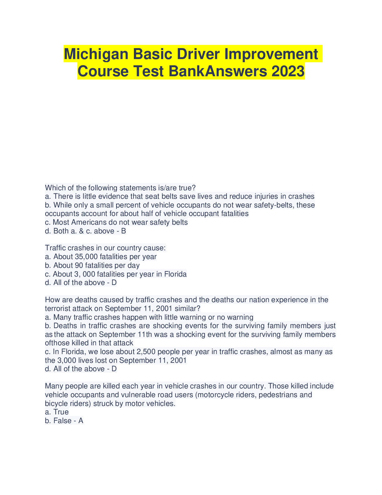 Preview image of Michigan Basic Driver Improvement Course Test Bank Answers 2023 document