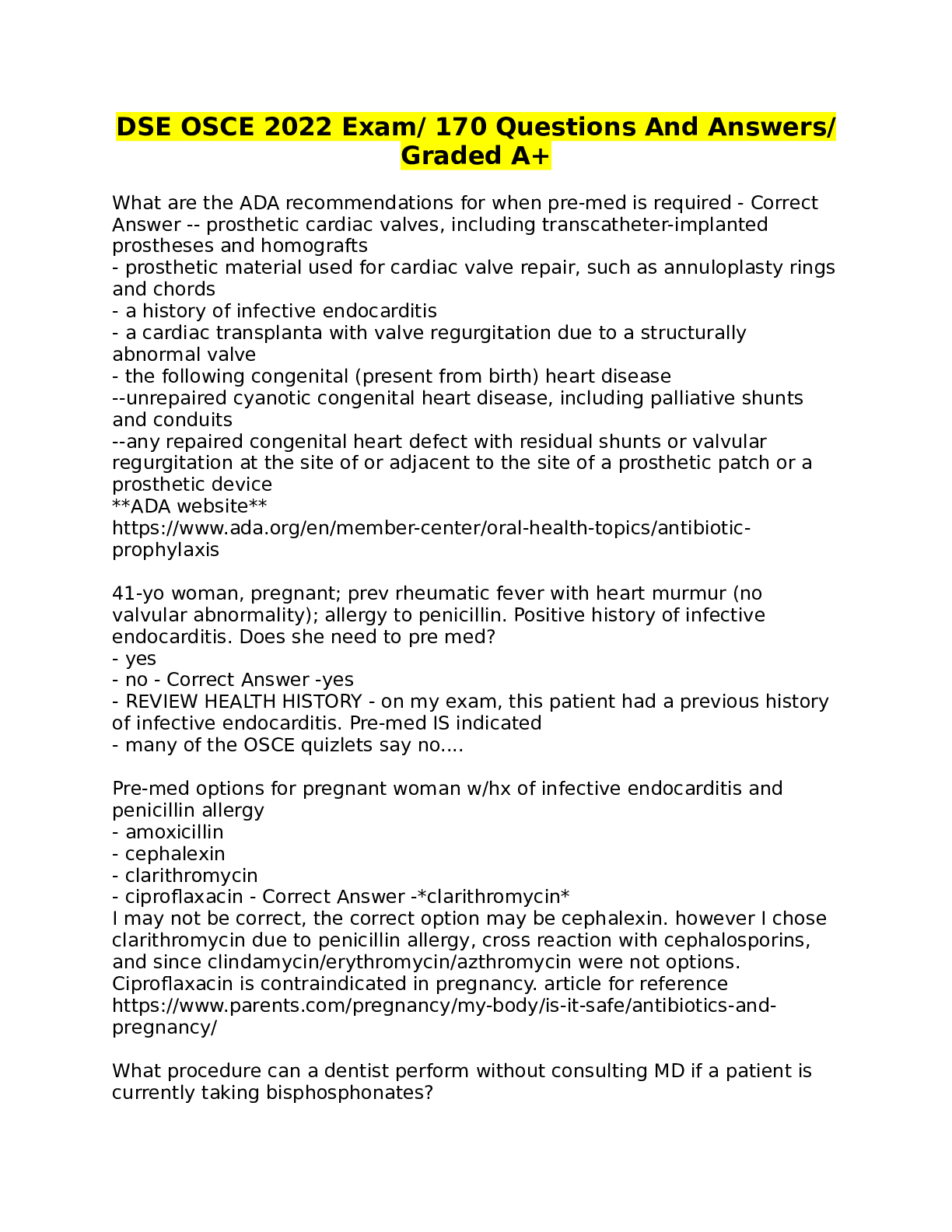 Preview of DSE OSCE 2022 Exam 170 Questions And AnswersGraded A+