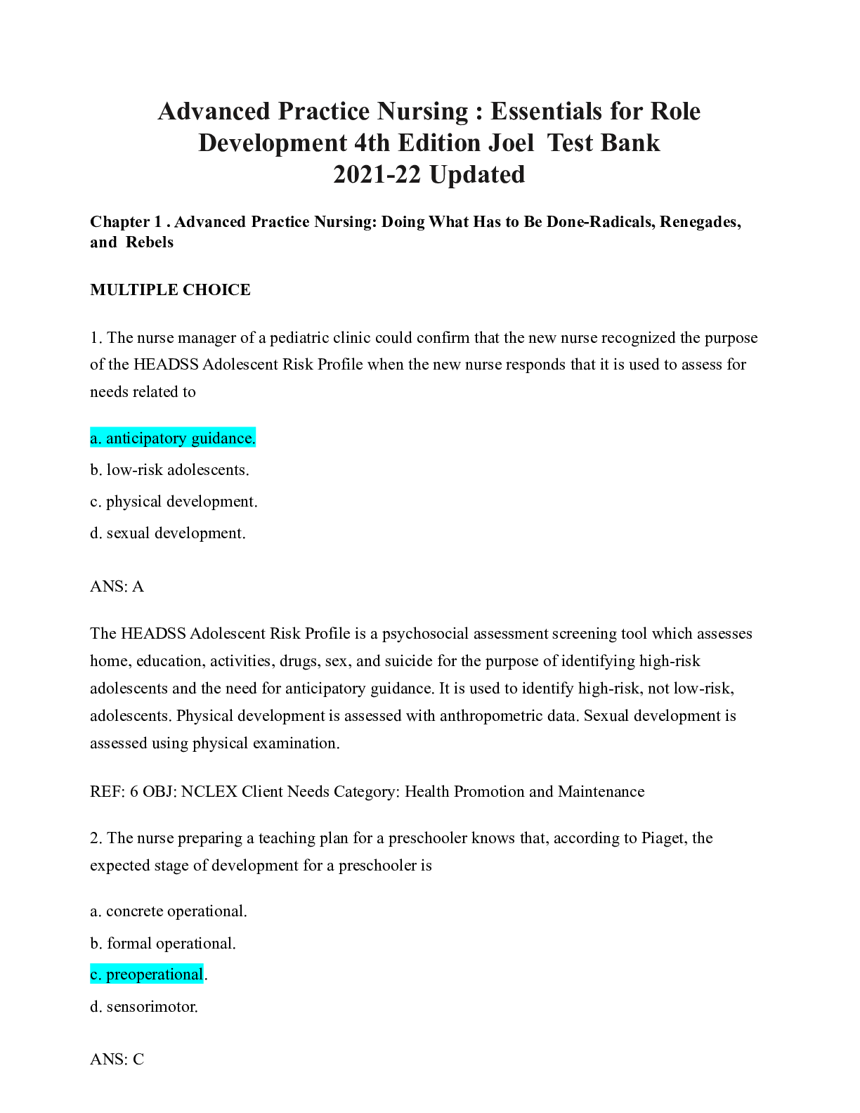 Advanced Practice Nursing  Essentials for RoleDevelopment 4th Edition Joel Test Bank2021-22 Updated