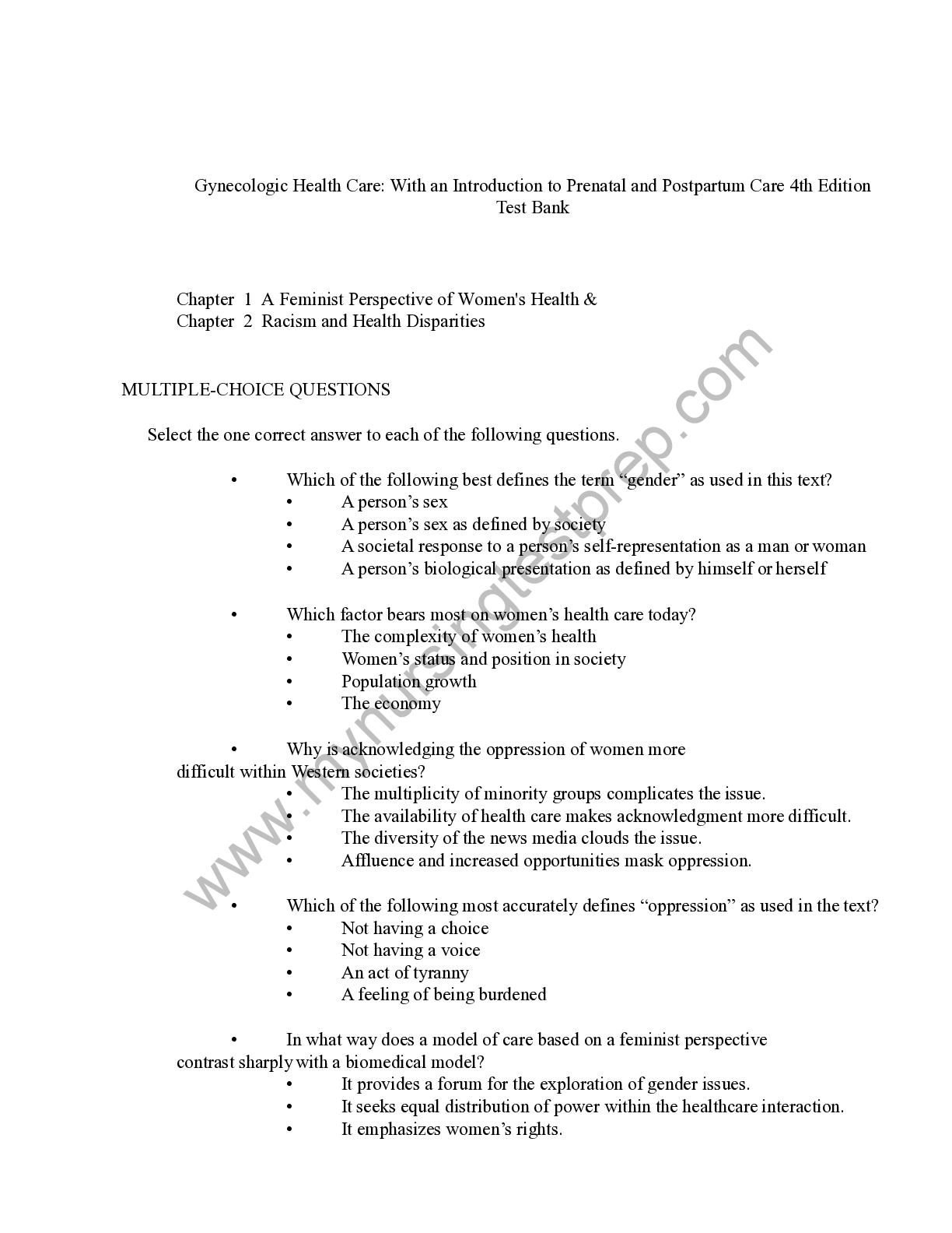 Gynecologic Health Care With an Introduction to Prenatal and Postpartum Care 4th EditionTest Bank