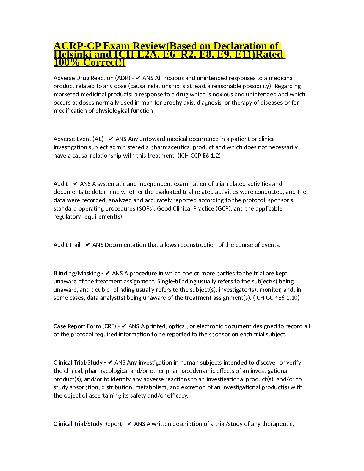Preview image of ACRP-CP Exam Review(Based on Declaration ofHelsinki and ICH E2A, E6_R2, E8, E9, E11)Rated100% Correct! document