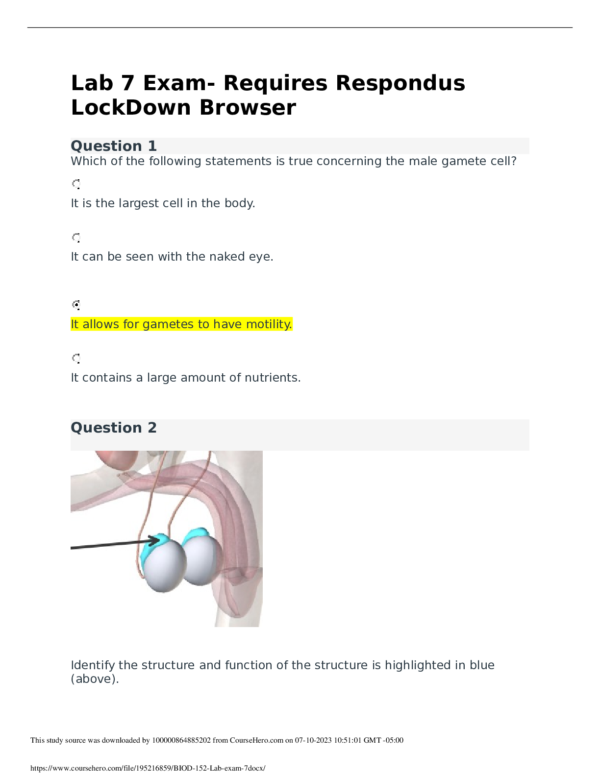 Preview image of BIOD 152 LAB 7 EXAM 2023 document