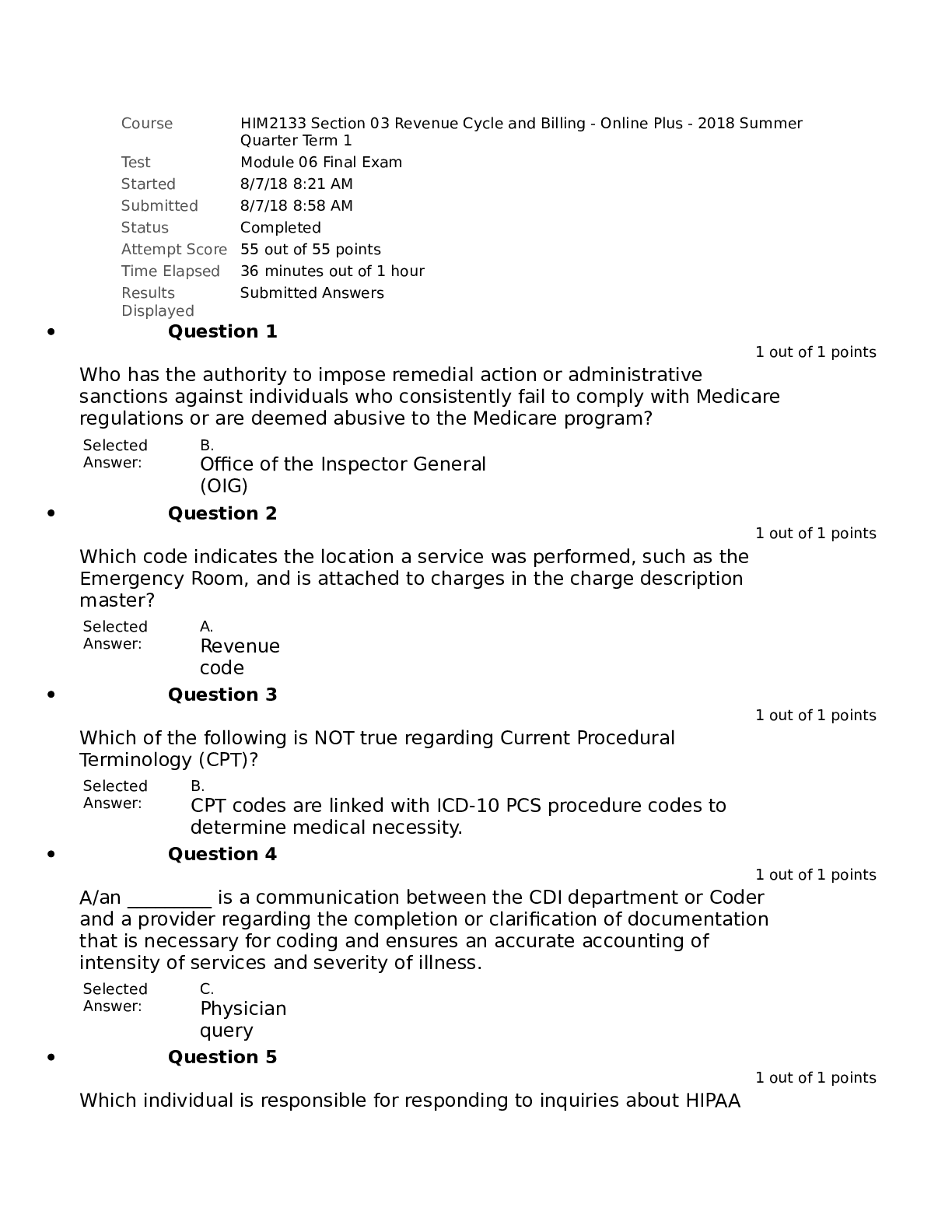 Preview image of HIM2133 Revenue Cycle& Billing Module 6 Final Exam document
