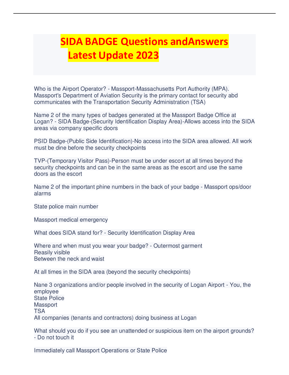 Preview image for SIDA BADGE Questions and  Answers Latest Update 2023
