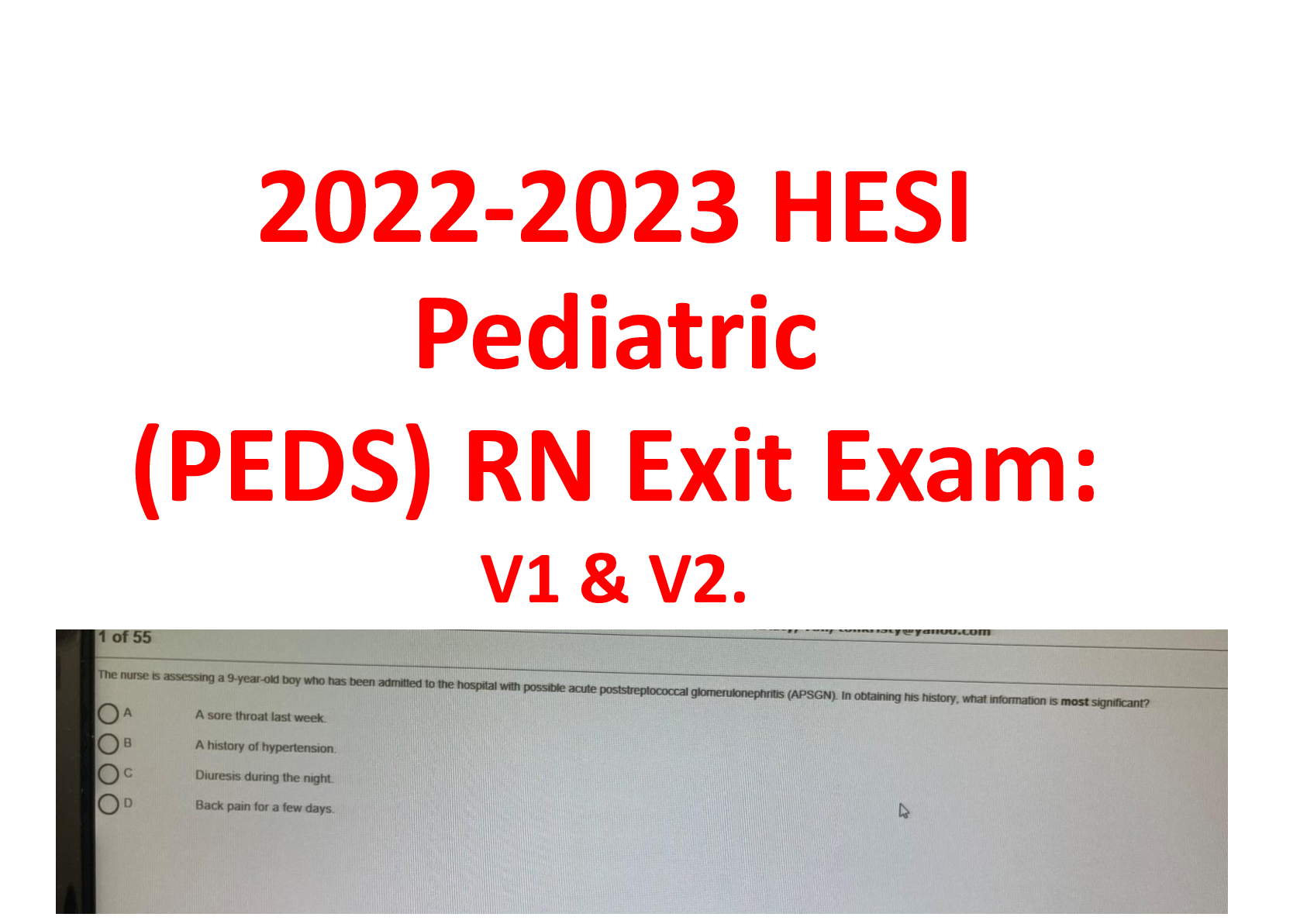 Preview image for 2022 - 2023 Hesi Pediatric (PEDS) Exit Actual Exam Version 1 and 2 (V1 & V2) - All Q&As (Brand New) A++