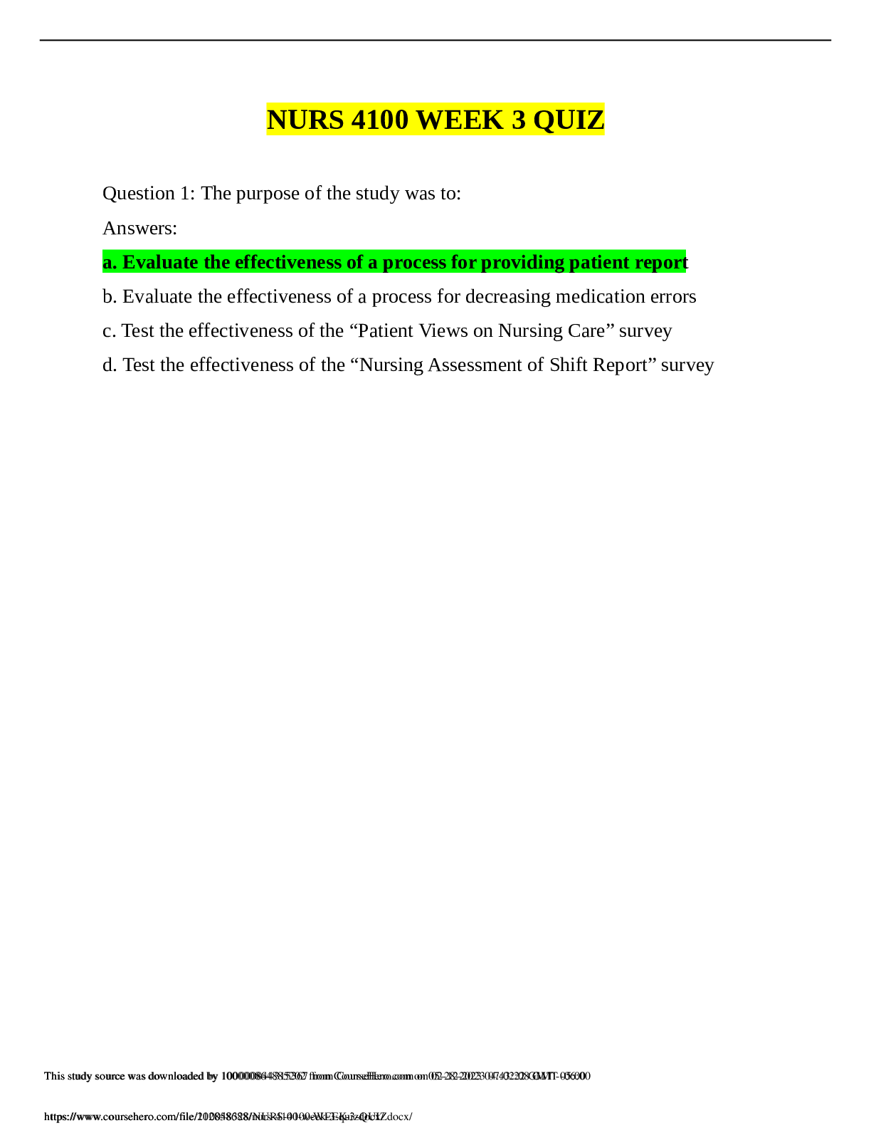Preview image of NURS 4100 WEEK 3 QUIZ document