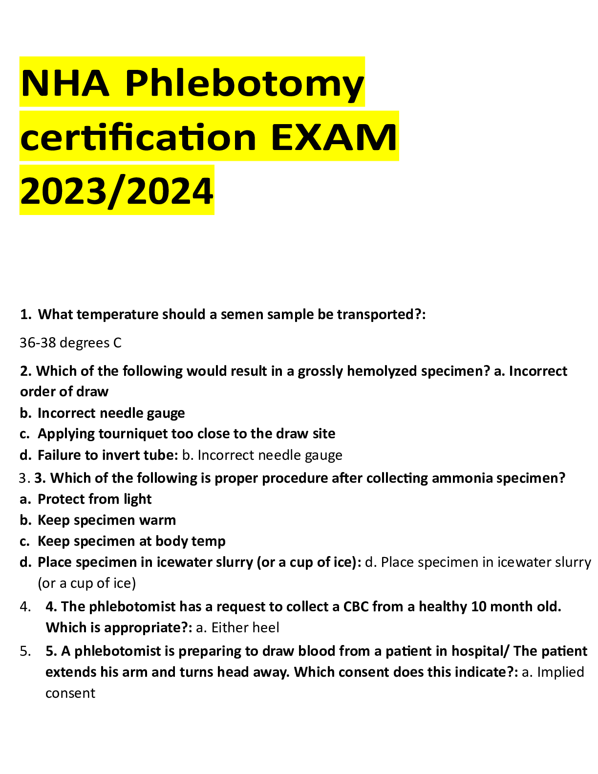 Preview image of NHA Phlebotomy certification EXAM 2023-2024 document