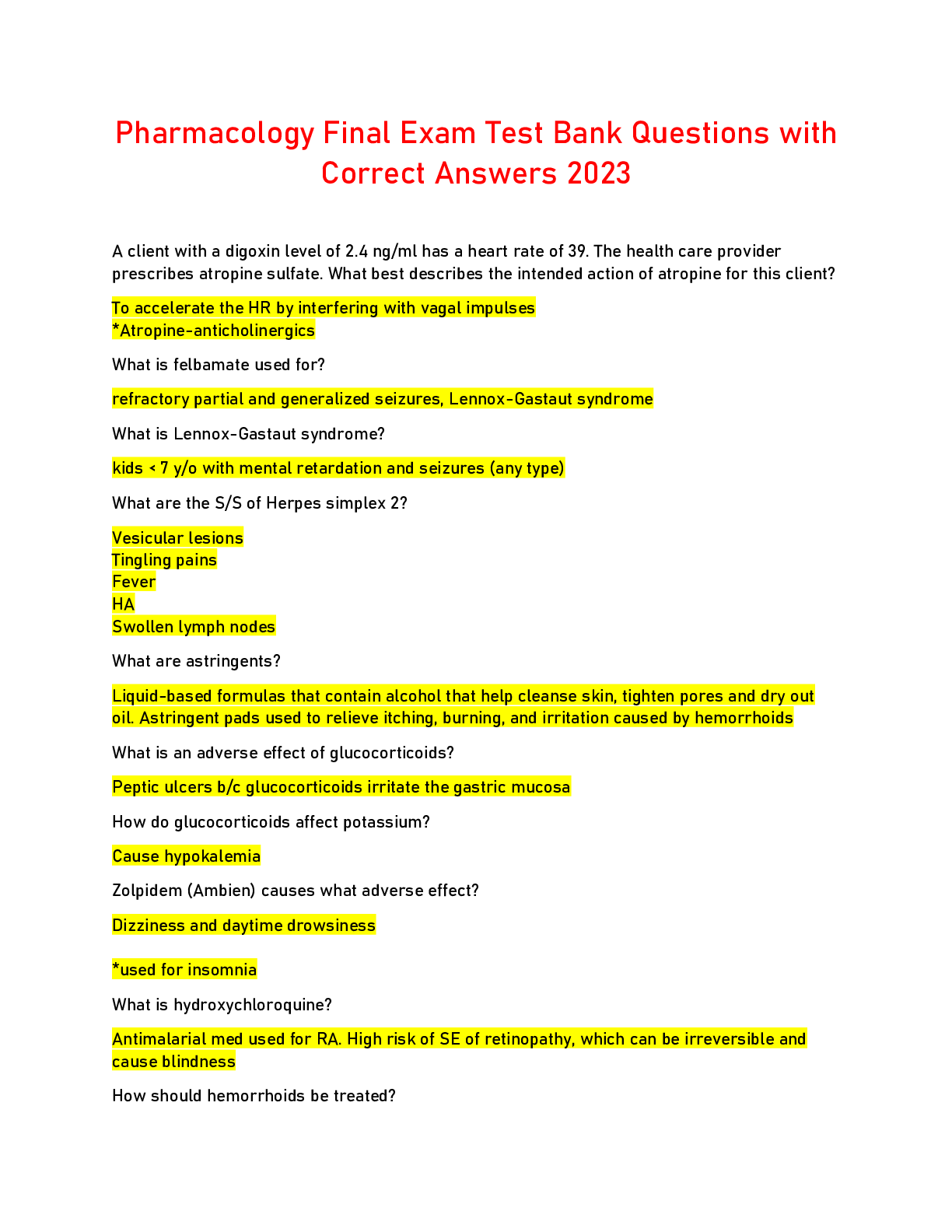 Preview image for Pharmacology Final Exam Test Bank Questions with Correct Answers 2023