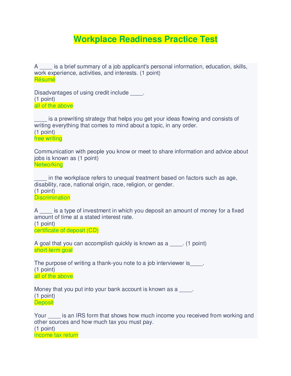 Preview image of Workplace Readiness Practice Test (Answered) document