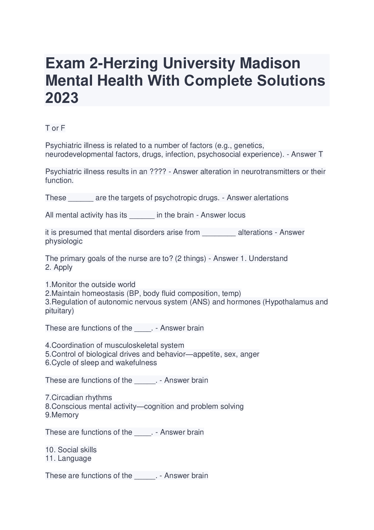 Preview image for Exam 2-Herzing University Madison Mental Health With Complete Solutions 2023