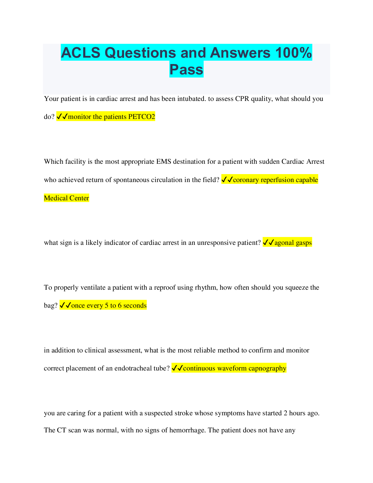 Preview of ACLS Questions and Answers 100% Pass