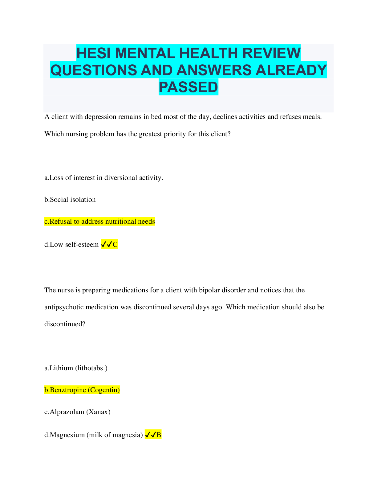 Recommended document preview for HESI MENTAL HEALTH REVIEW QUESTIONS AND ANSWERS ALREADY PASSED